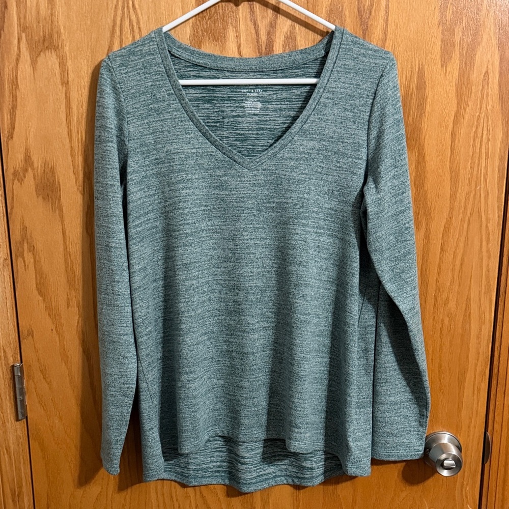 American Eagle Outfitters Heather Teal V-Neck Long Sleeve Top